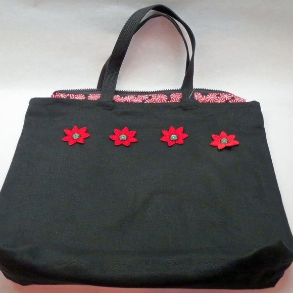 Poinsettia and Peppermint NEW Hand-Crafted Black Denim Zippered Holiday Tote - Picture 2 of 3